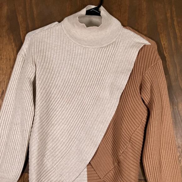 Express Womens Sweater Tan Brown Crossover Front Mock Neck Long Sleeve XS - Picture 2 of 12